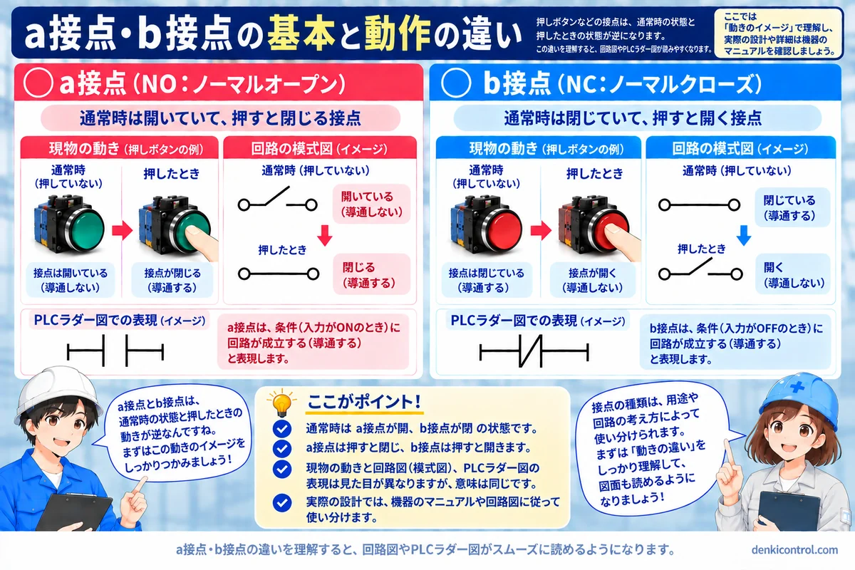 a接点とb接点の通常時と動作時の違いを比較した図