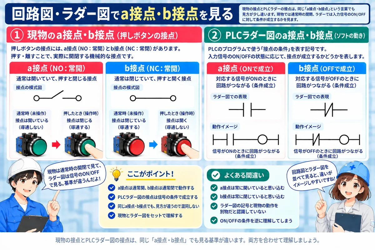 現物のa接点・b接点とPLCラダー上のa接点・b接点の違いを比較した図