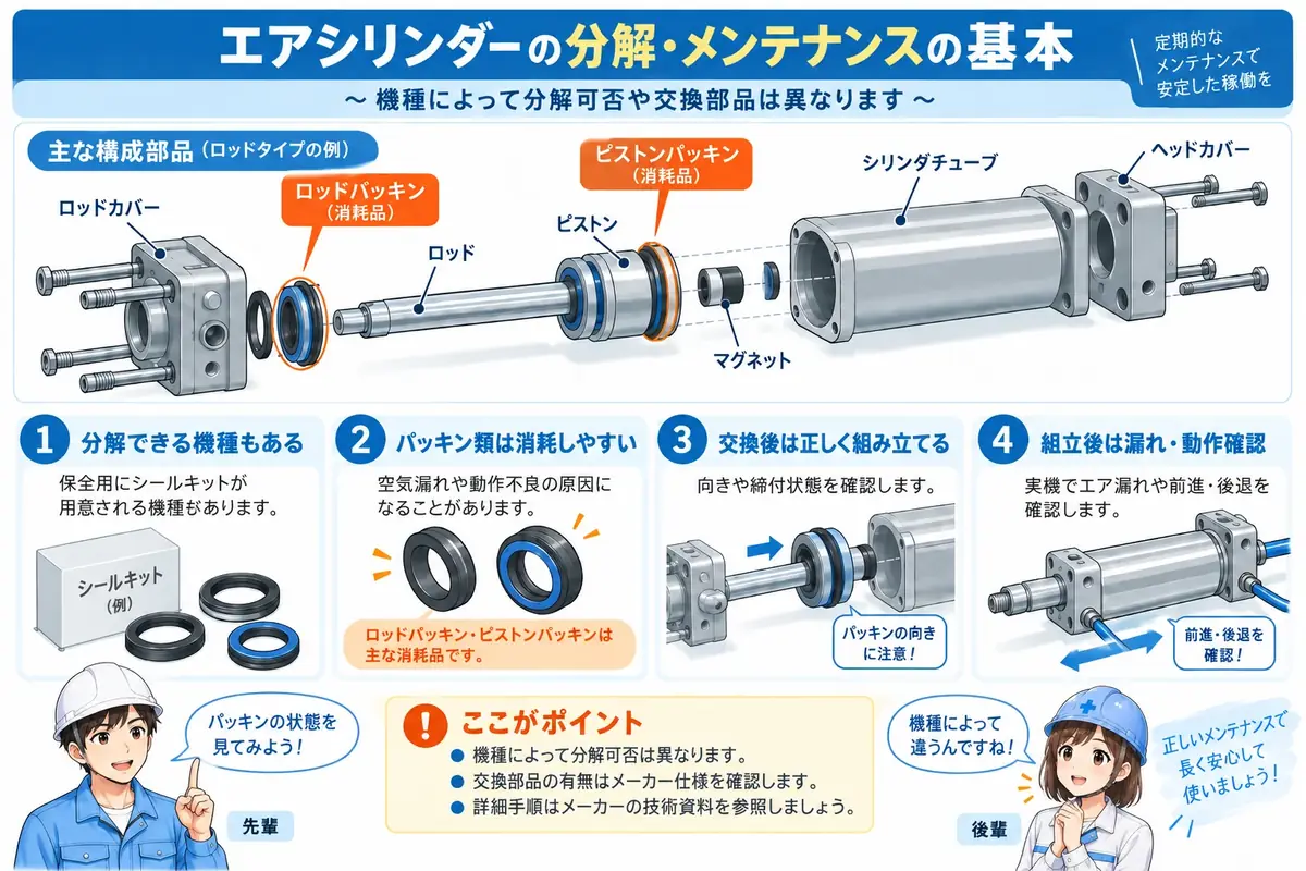 エアシリンダのロッドパッキンやピストンパッキンなどメンテナンス対象部品を示した図