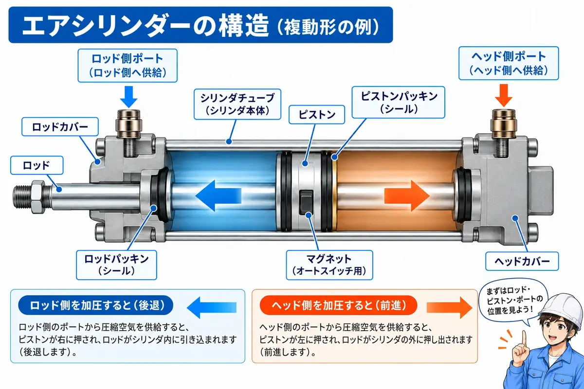 エアシリンダの基本構造と前進・後退の考え方を説明する図