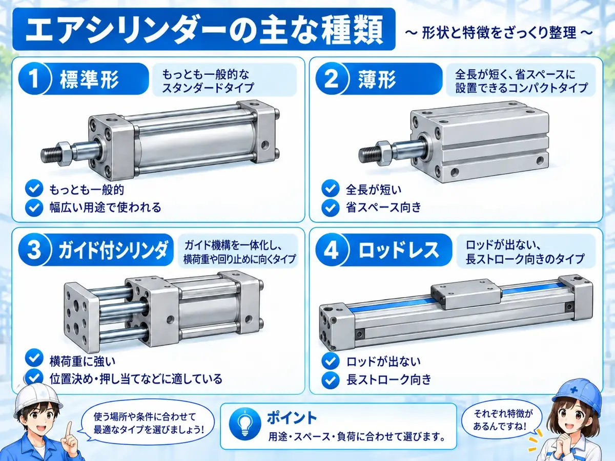標準形、薄形、ガイド付き、ロッドレスの主なエアシリンダ種類を比較した図