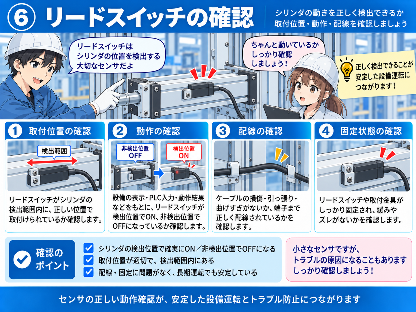 シリンダの位置検出と、センサー表示・配線・PLC入力の関係を整理する図