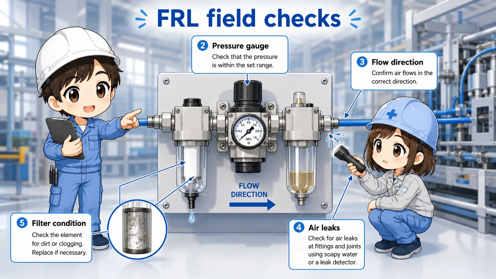 Field checklist for an FRL unit including drain bowl pressure gauge flow direction leakage and filter element condition