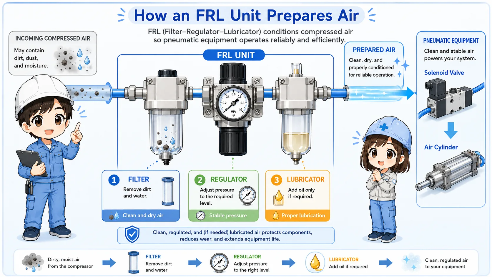 Overview of an air filter regulator lubricator unit preparing compressed air for pneumatic equipment
