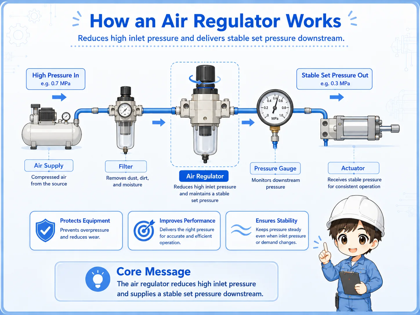 Overview diagram showing an air regulator adjusting compressed air pressure before pneumatic equipment