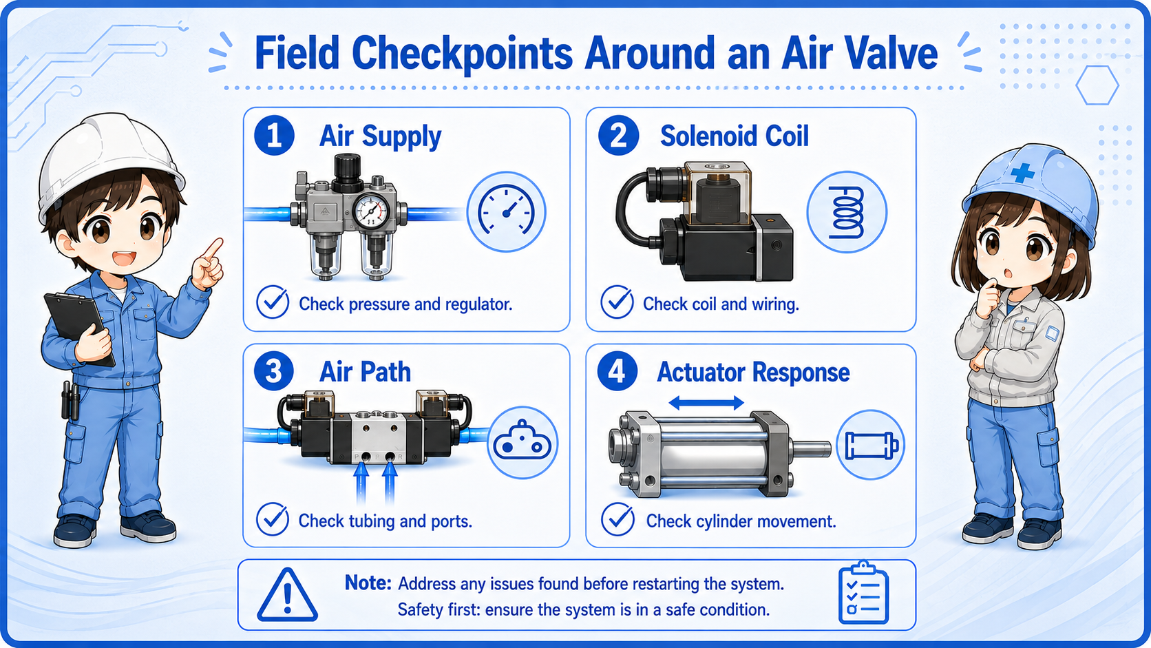Field checklist for checking an air valve, solenoid coil, air supply, tubing, and cylinder response