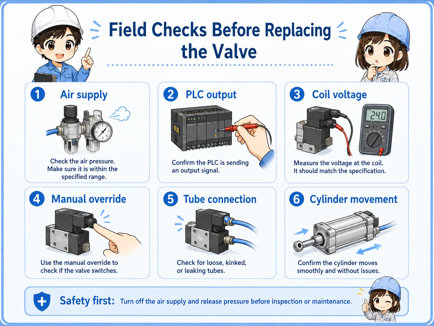 Practical field checks for pneumatic air valves including air supply, coil voltage, manual override, tubes, and cylinder movement