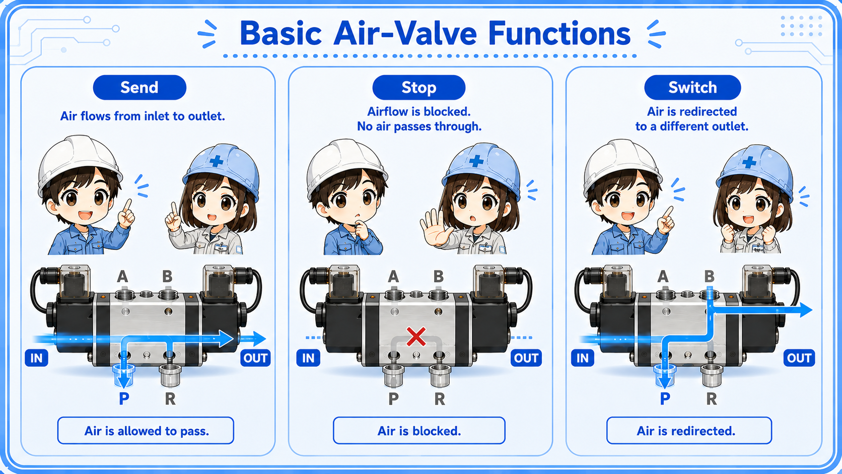 Air valve functions showing send, stop, and switch compressed air