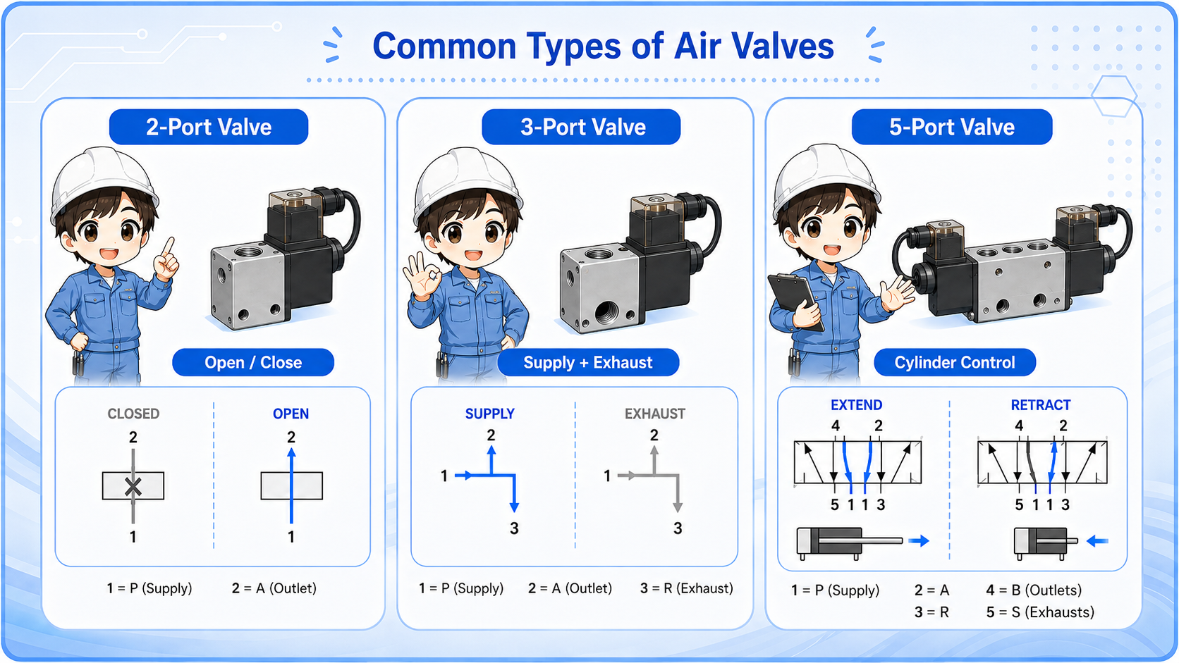 Comparison of 2-port, 3-port, and 5-port air valves