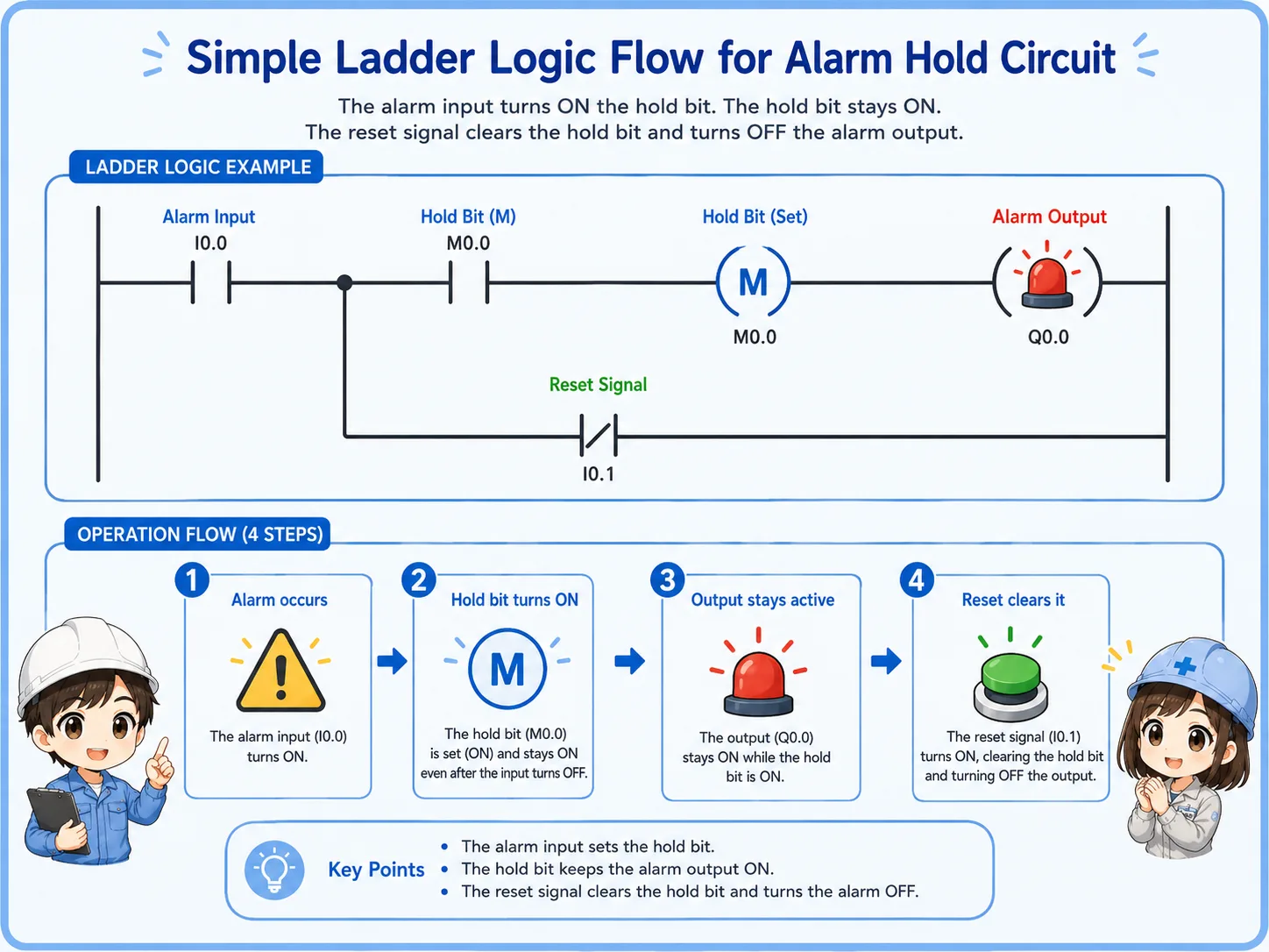 Simple ladder flow for an alarm hold circuit with alarm input, hold bit, alarm output, and reset