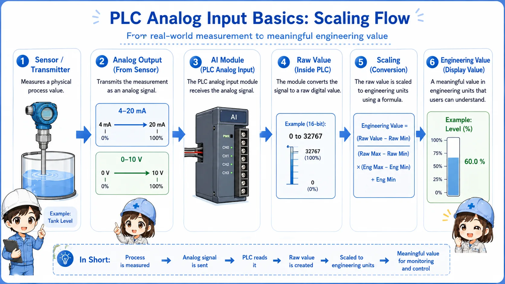 Diagram showing analog input scaling flow from 4mA to 20mA or 0-10V into engineering values in a PLC