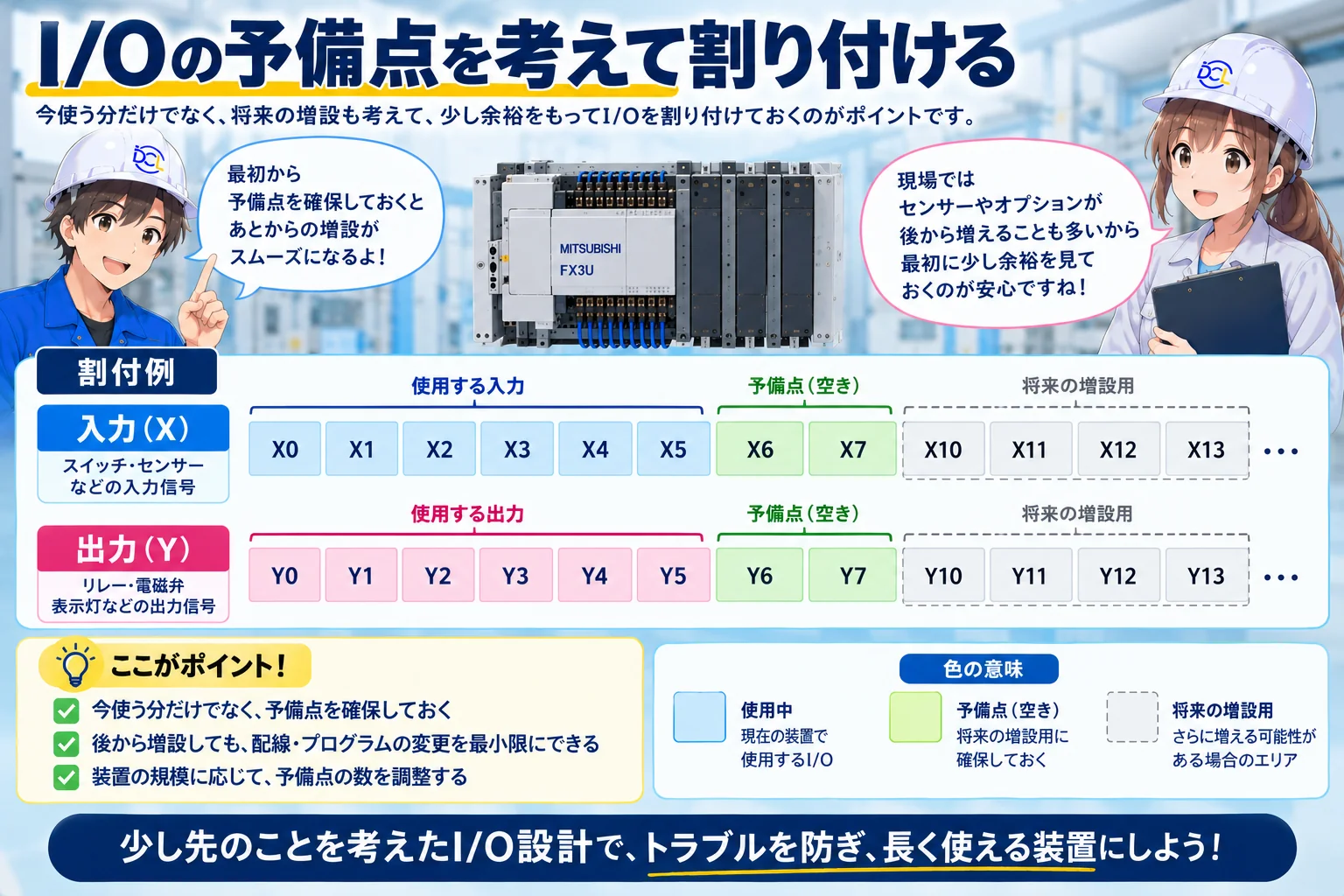 使用中のI/O、予備点、将来増設用のI/Oを分けて確保する考え方