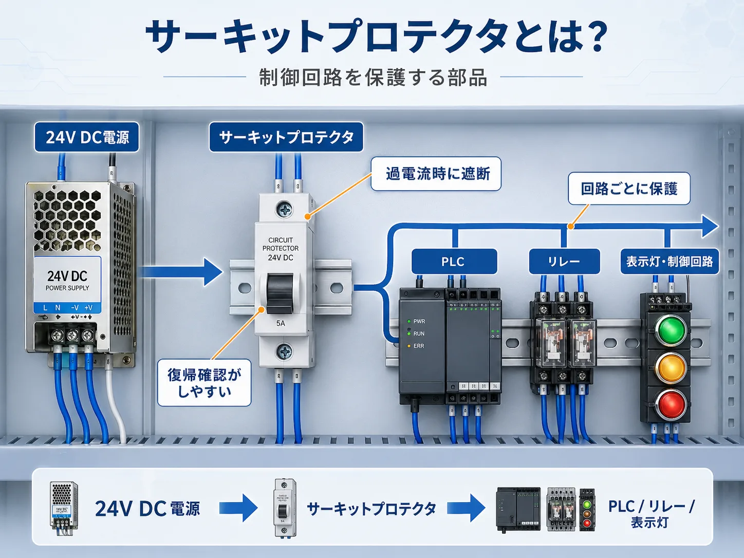 制御盤内でサーキットプロテクタが制御回路を保護するイメージ