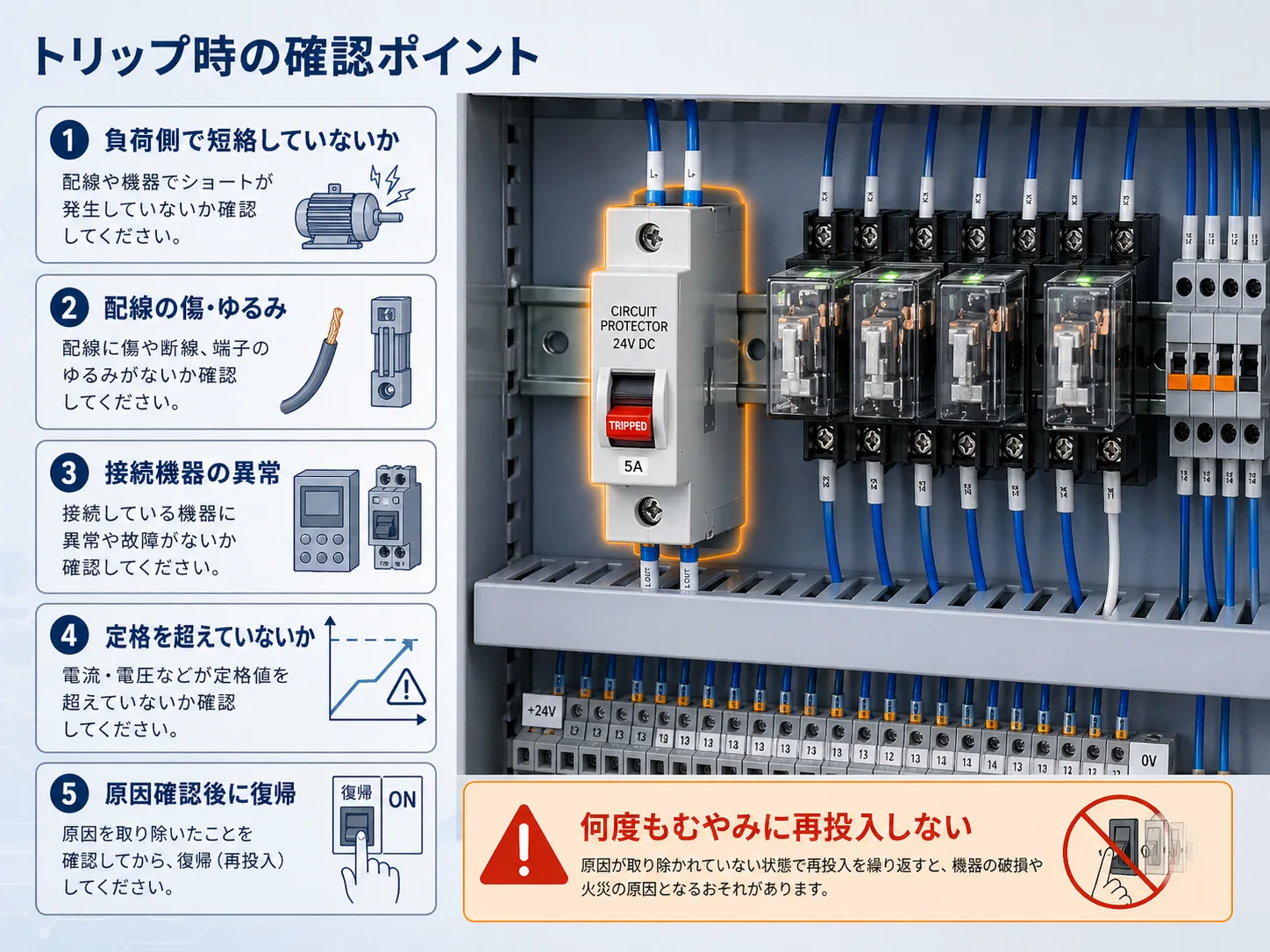 サーキットプロテクタがトリップした時の確認ポイント