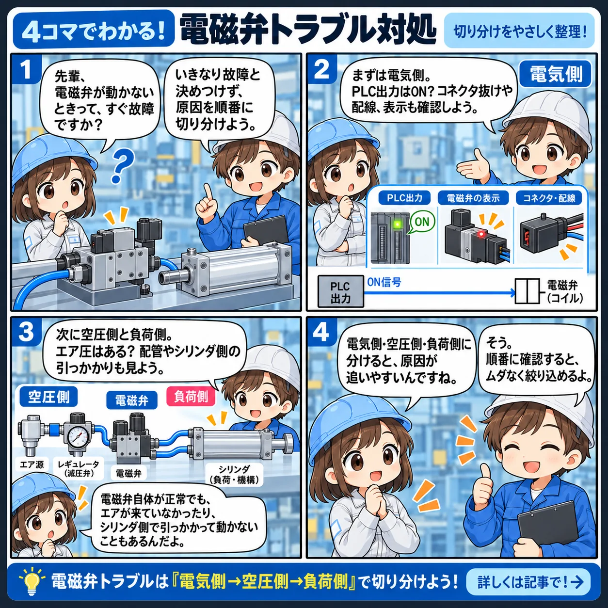 電磁弁トラブルの切り分け 4コマ漫画