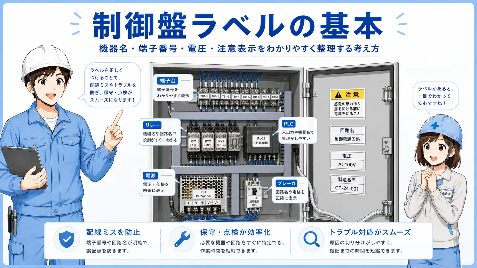 図面の機器名から盤内ラベルを確認し、対象機器を特定する流れを示した図