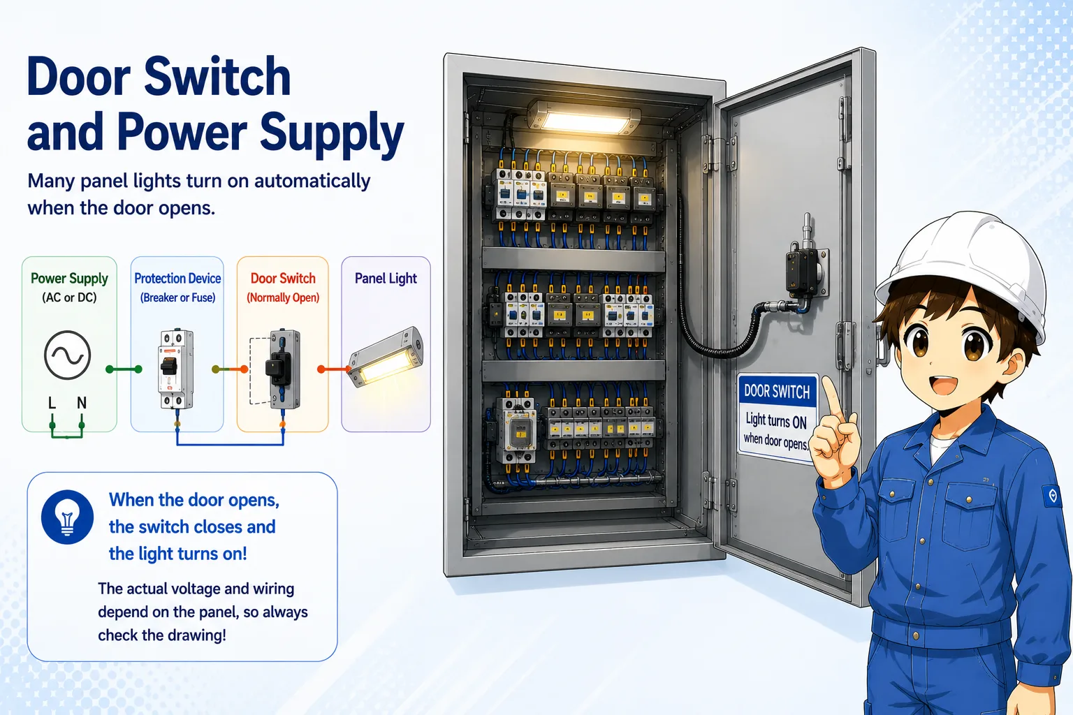 Control panel light wiring concept with door switch power supply and cabinet lamp