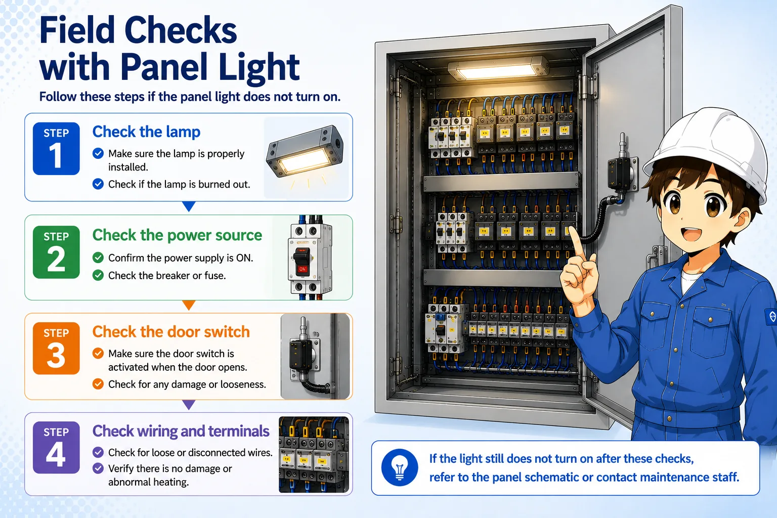 Field check flow for control panel lights including lamp power supply door switch wiring and terminal checks