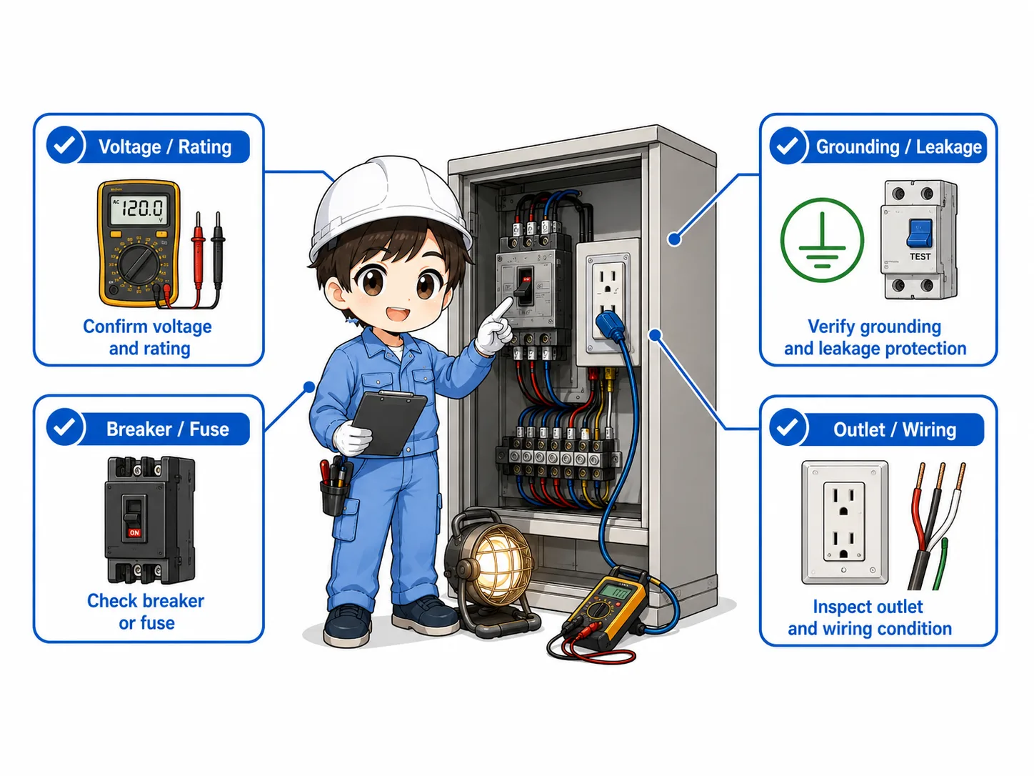 Field check flow for control panel outlets showing voltage rating breaker fuse leakage protection grounding wiring and damage checks
