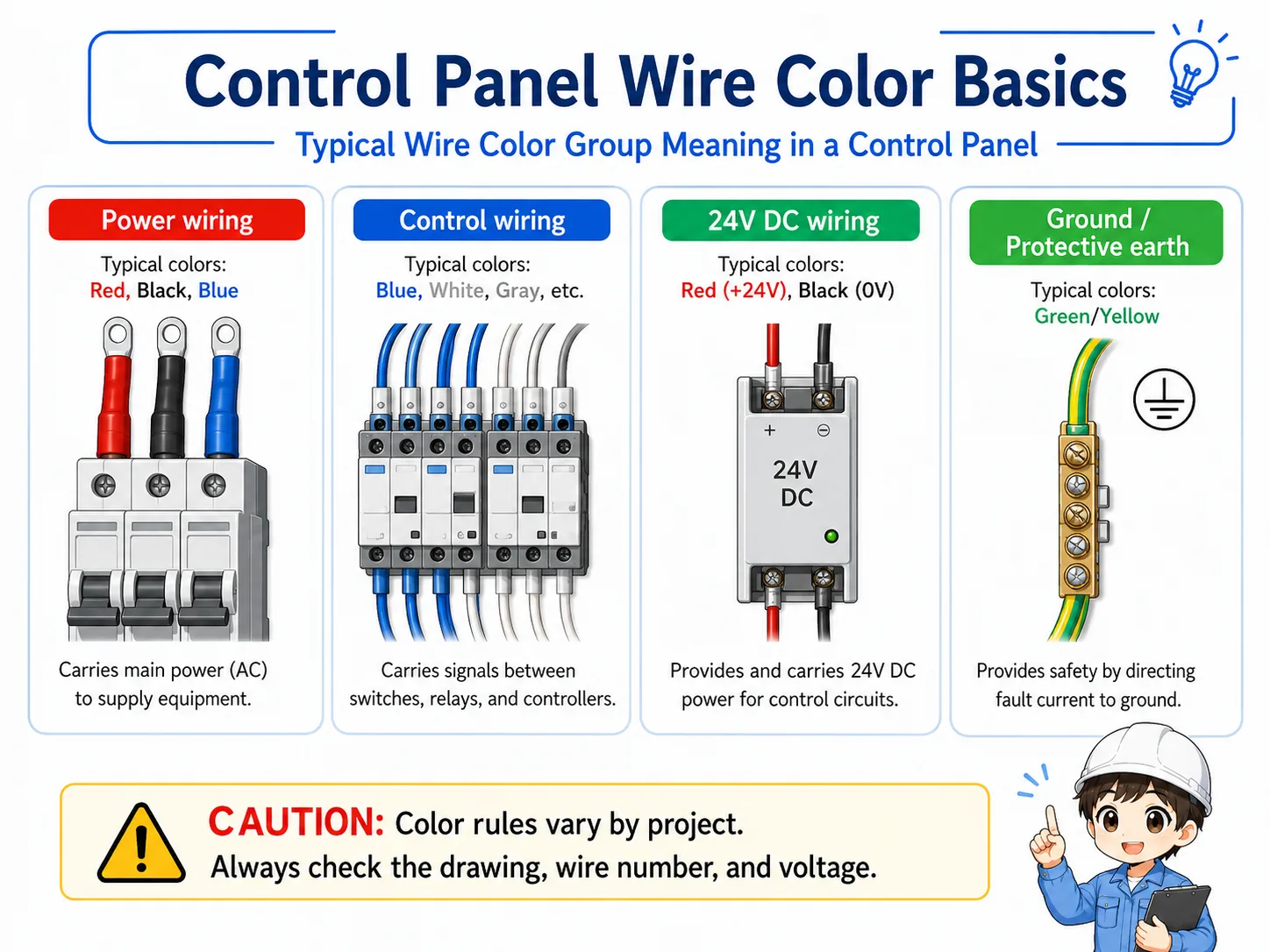 Typical control panel wire color groups for power wiring, control wiring, DC wiring, and ground wiring