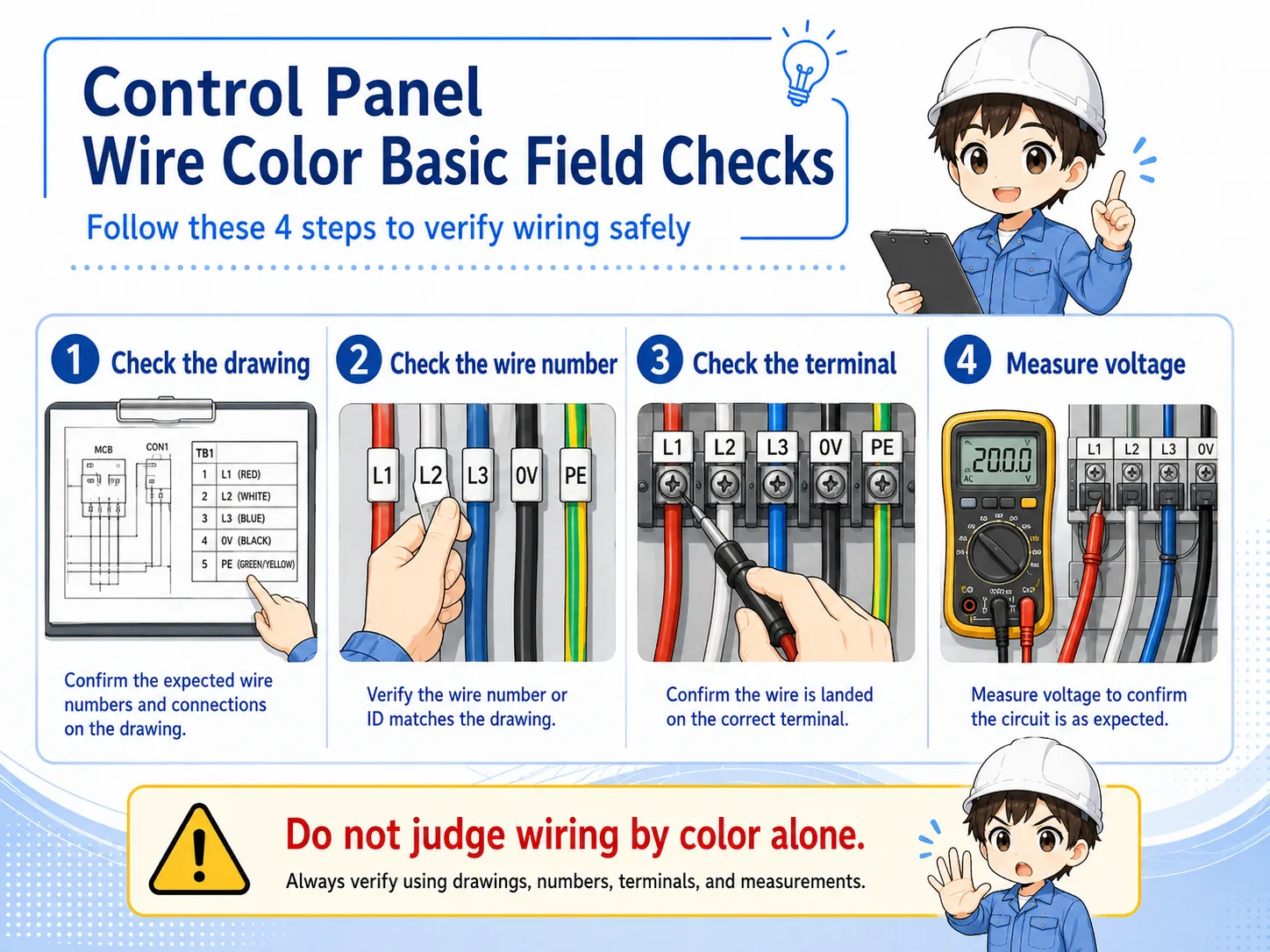 Field check flow for control panel wire colors including drawing, wire number, terminal number, and voltage measurement