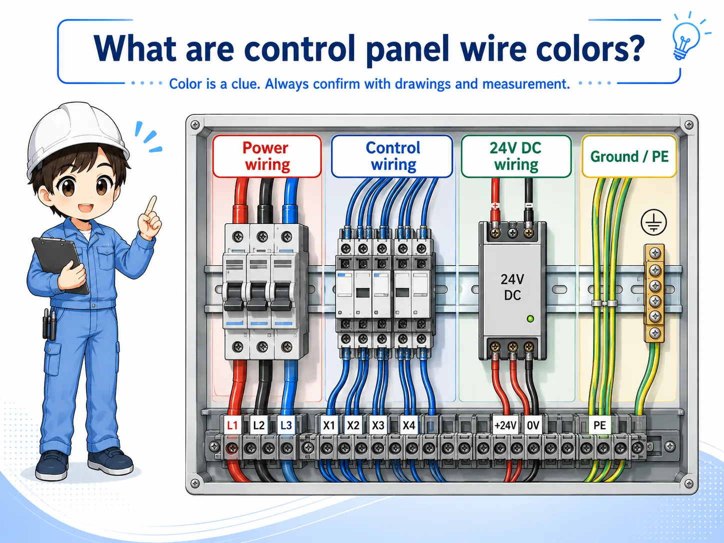 Overview of control panel wire colors used to identify power, control, DC, and ground wiring