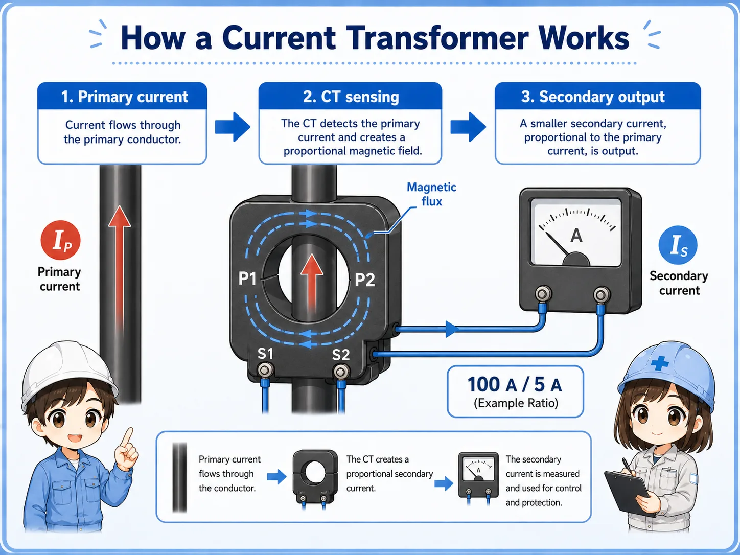 Diagram showing primary current through a CT and smaller secondary output signal to a meter