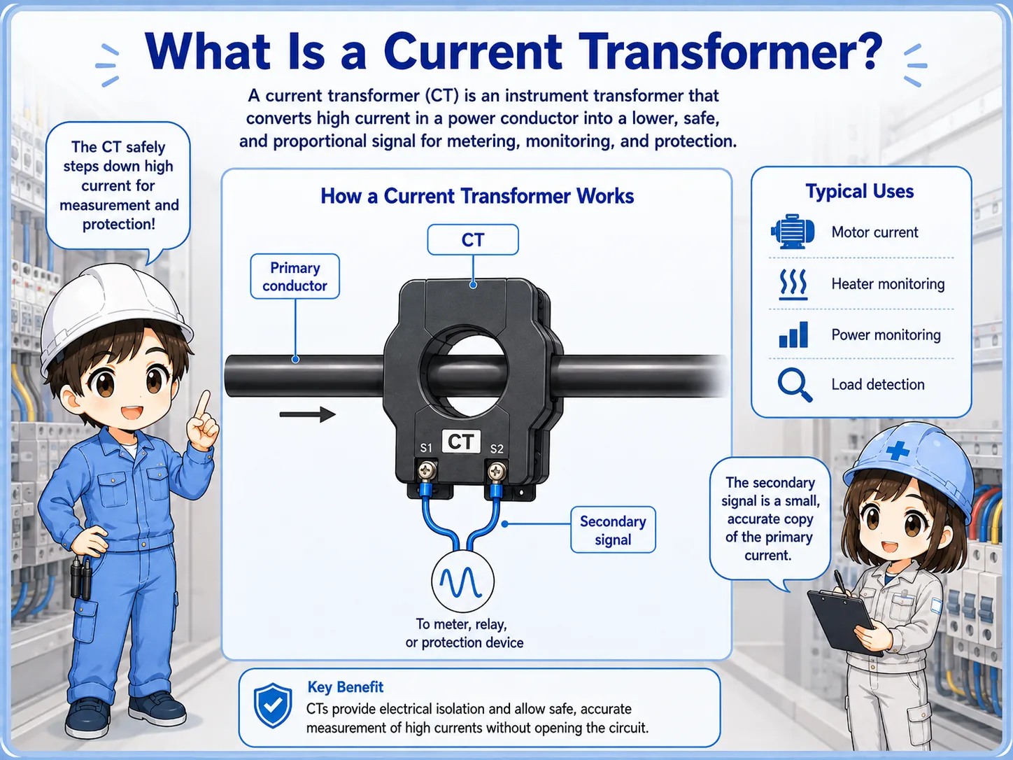 Overview of a current transformer detecting current from a motor power line in a control panel
