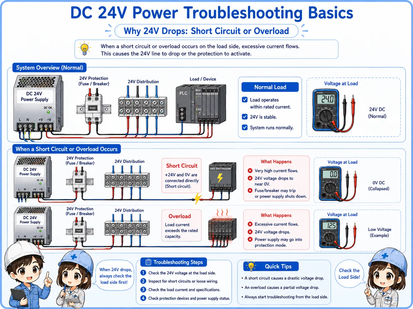 Diagram explaining how a short circuit or overload can make a DC 24V power supply drop or shut down