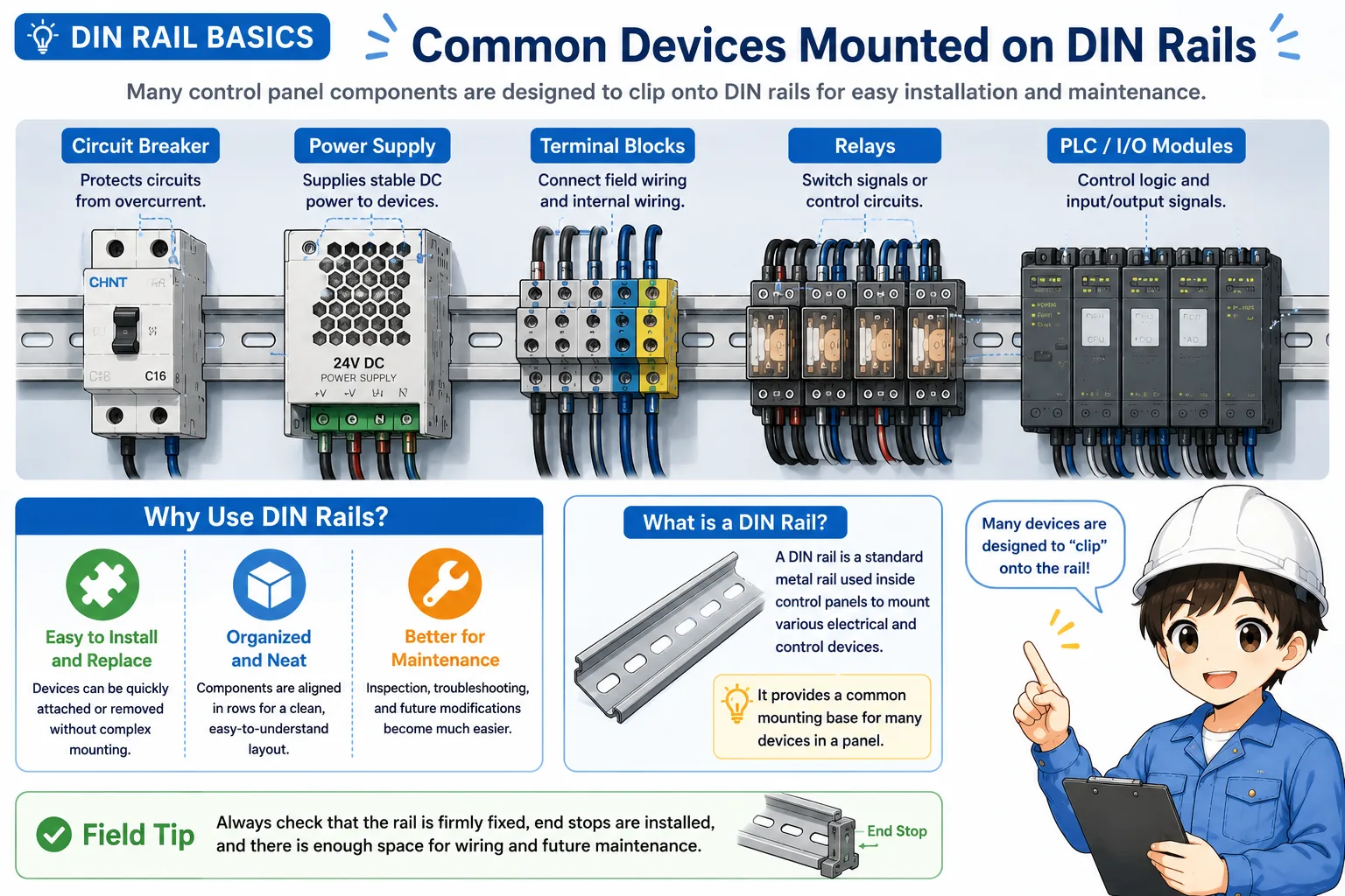 Examples of devices mounted on a DIN rail such as terminal blocks, relay, PLC unit, power supply, and breaker
