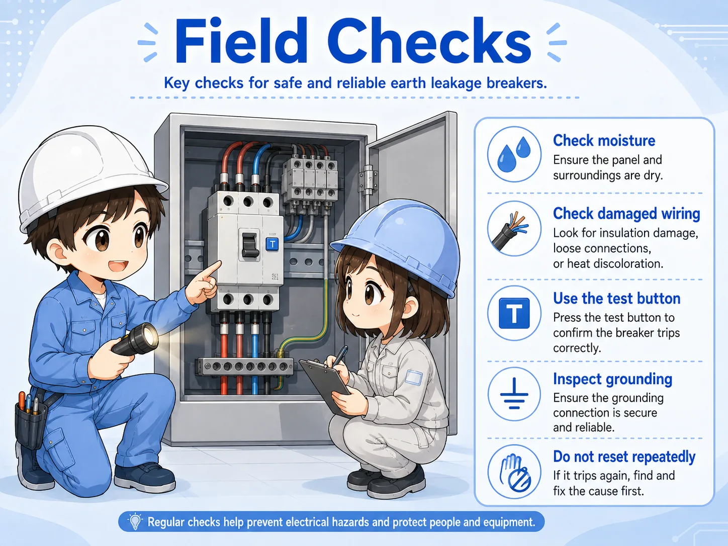 Field checklist for earth leakage breaker trips including moisture wiring insulation load equipment and reset cautions