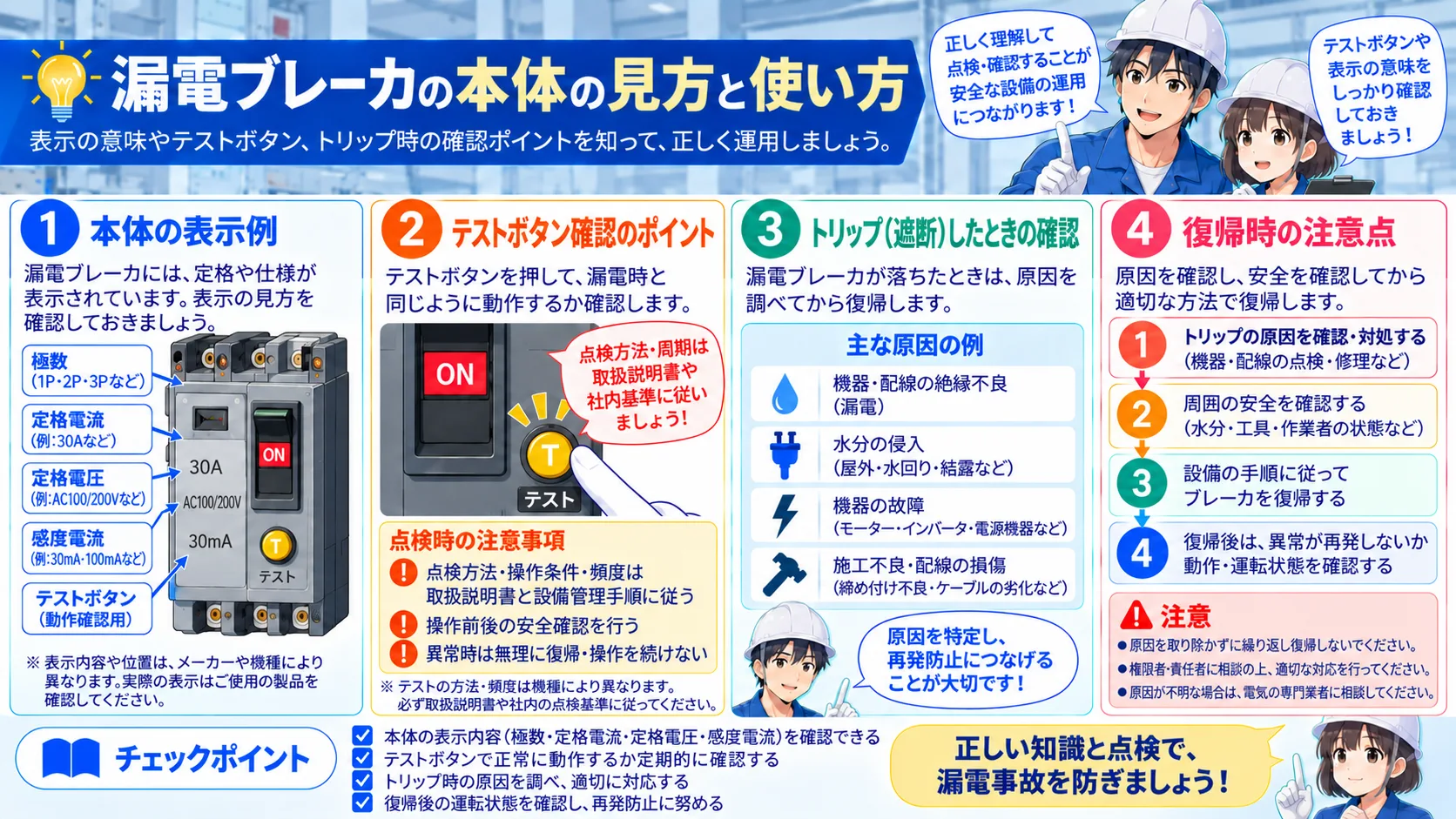 漏電ブレーカ本体の表示、テストボタン、トリップ原因の確認、復帰時の注意点をまとめた図。