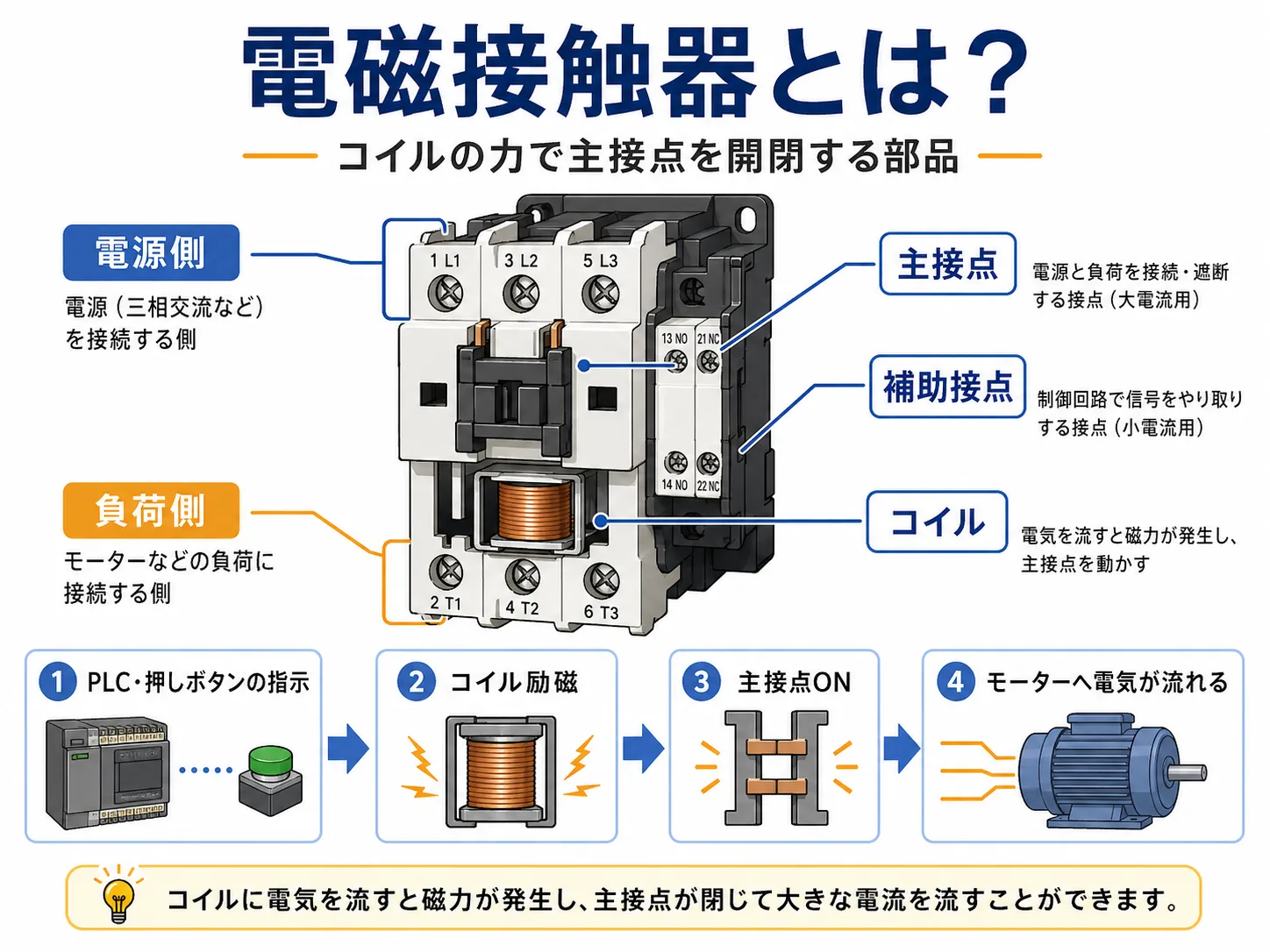 電磁接触器とは何かを示すコイル・主接点・補助接点の図解