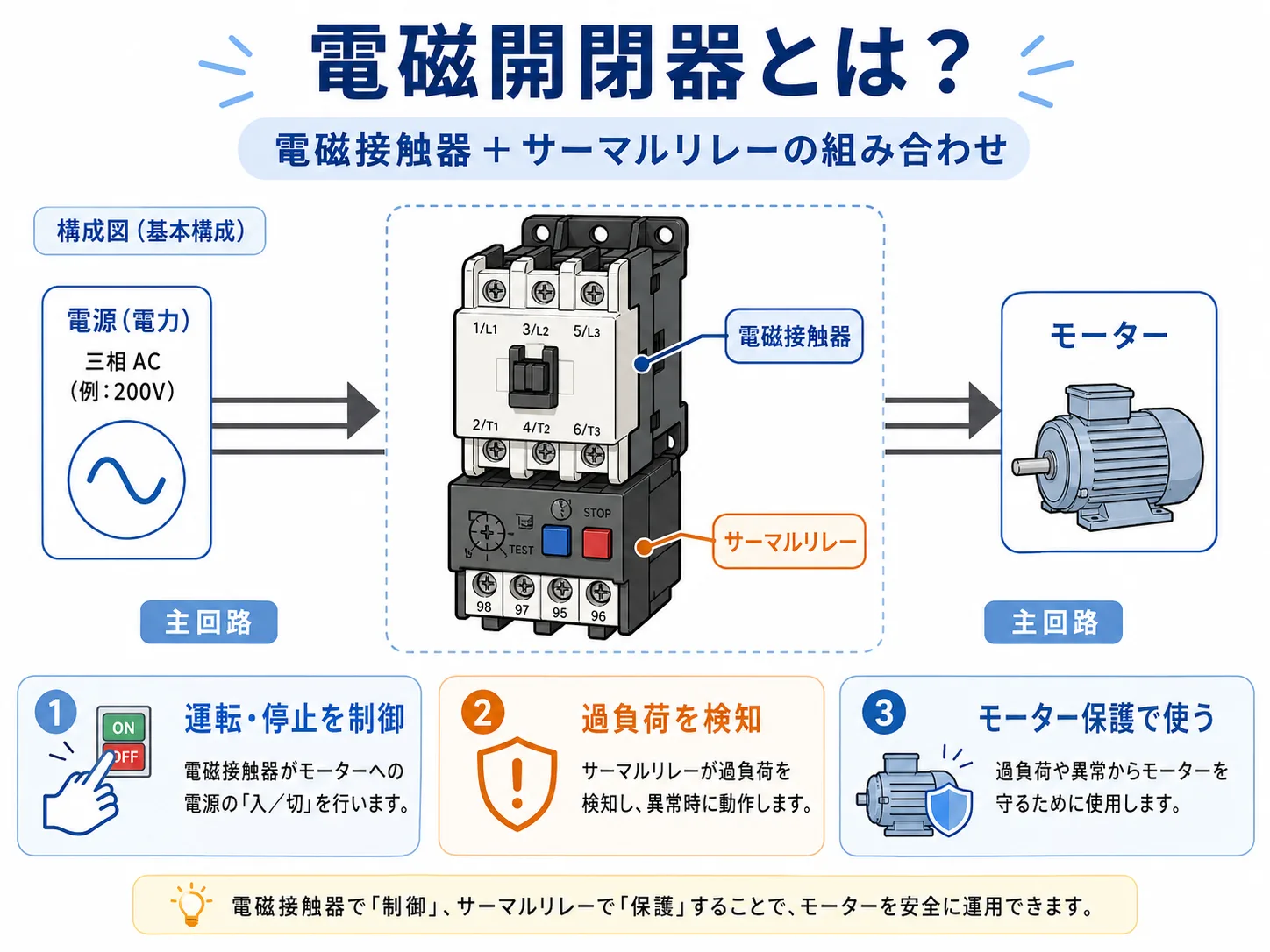 電磁開閉器が電磁接触器とサーマルリレーの組み合わせであることを示す図解