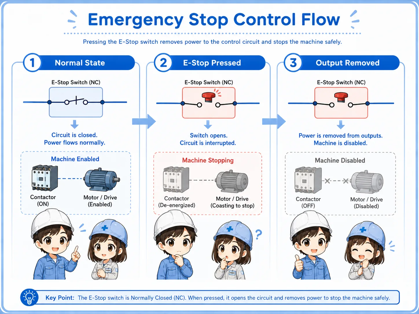 Basic control flow from emergency stop switch to safety relay and output removal
