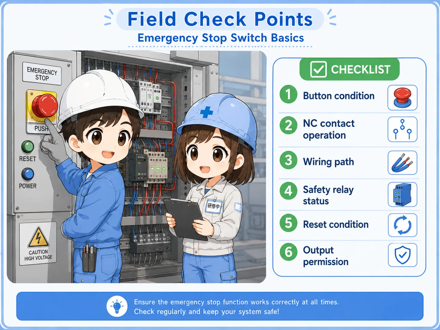 Field check points for an emergency stop switch and safety relay circuit