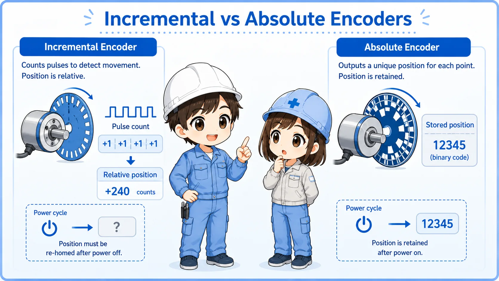 Comparison of incremental and absolute encoders showing pulse count and stored position concepts