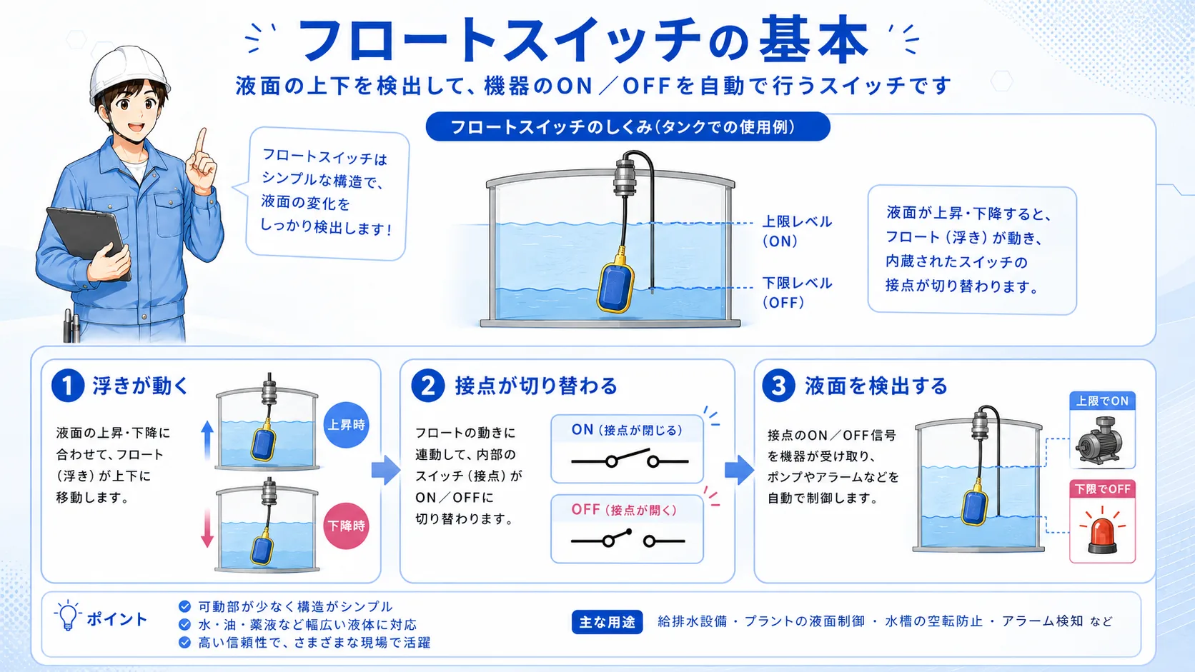 フロートスイッチが液面変化で接点を切り替えるイメージ図