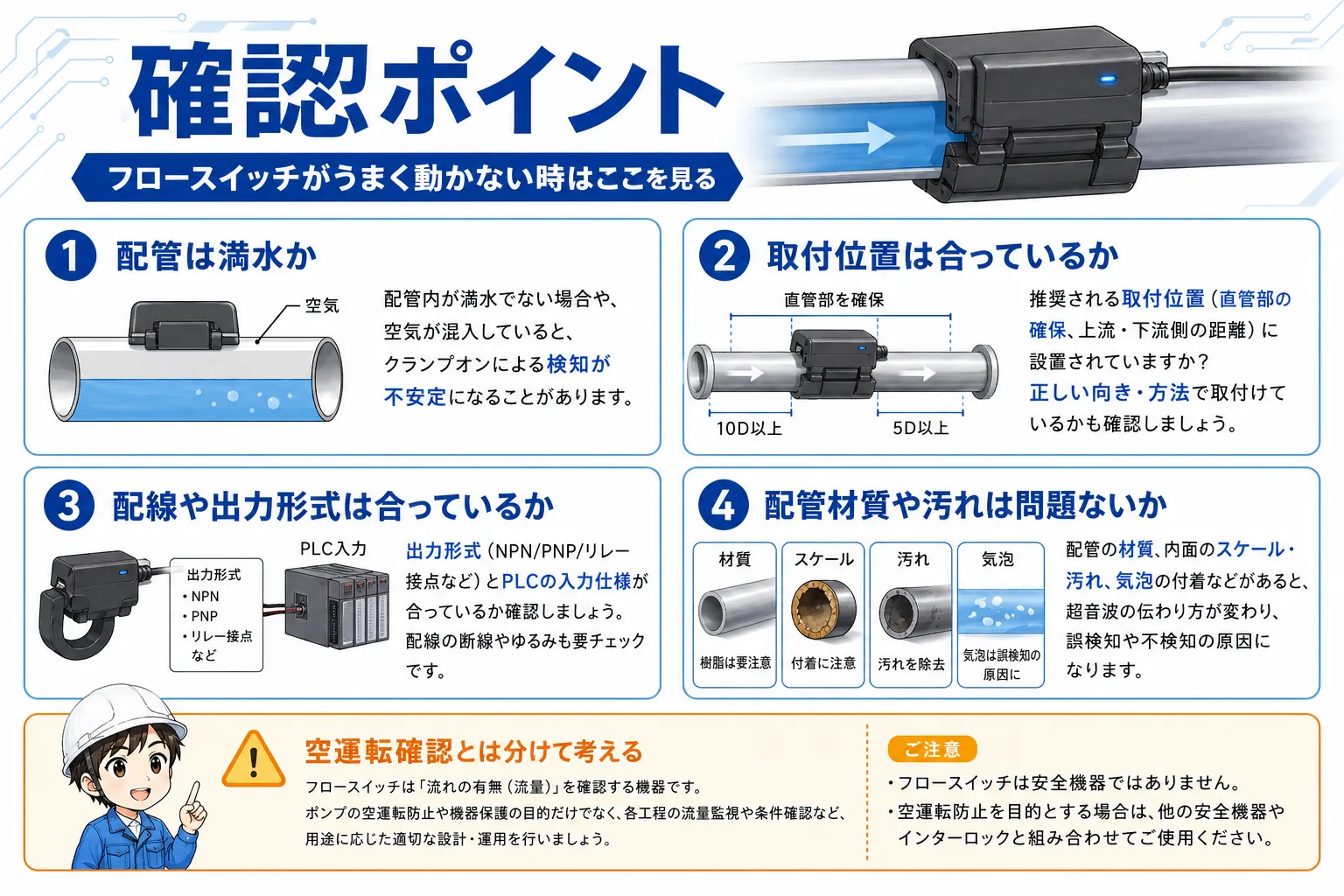 フロースイッチの確認ポイント。配管満水、取付位置、配線や出力形式、配管材質や汚れを整理