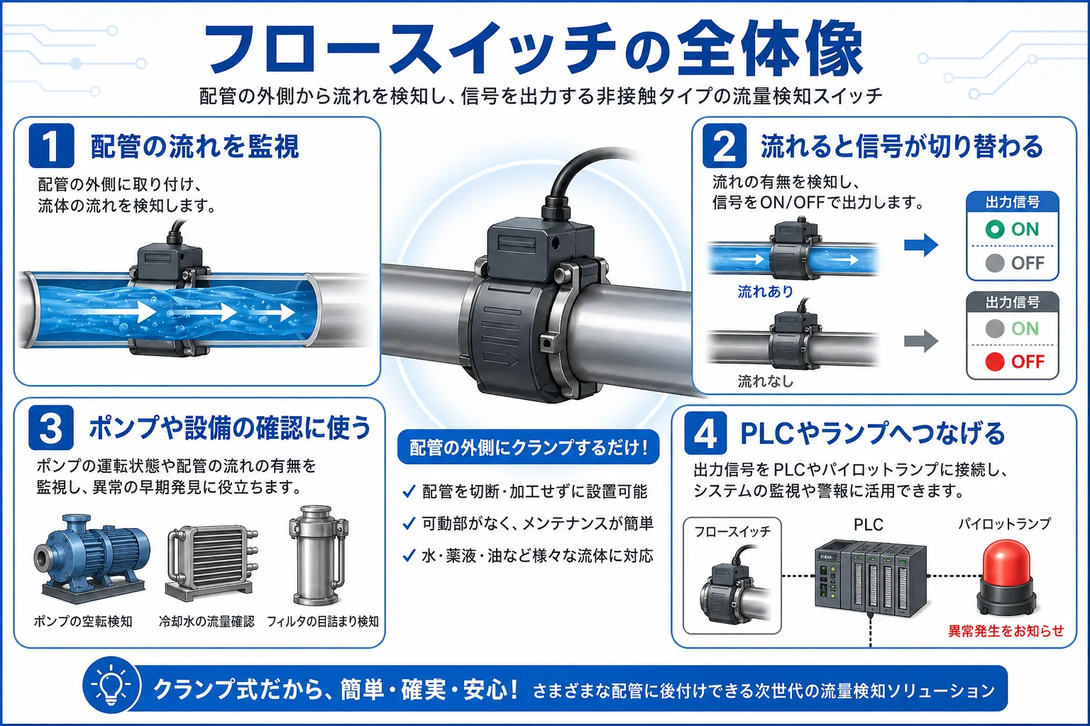 フロースイッチの全体像。配管外側から流れを検出し、ON/OFF出力やPLC、ランプへつなげる流れ