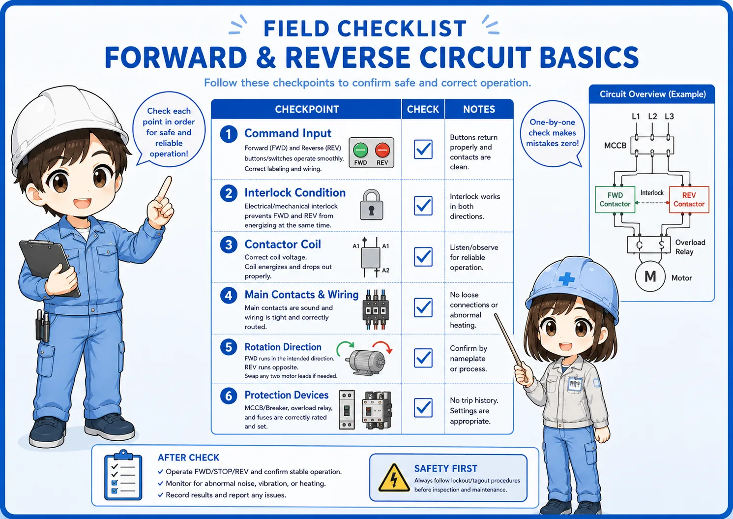 Field check points for forward and reverse motor control circuit