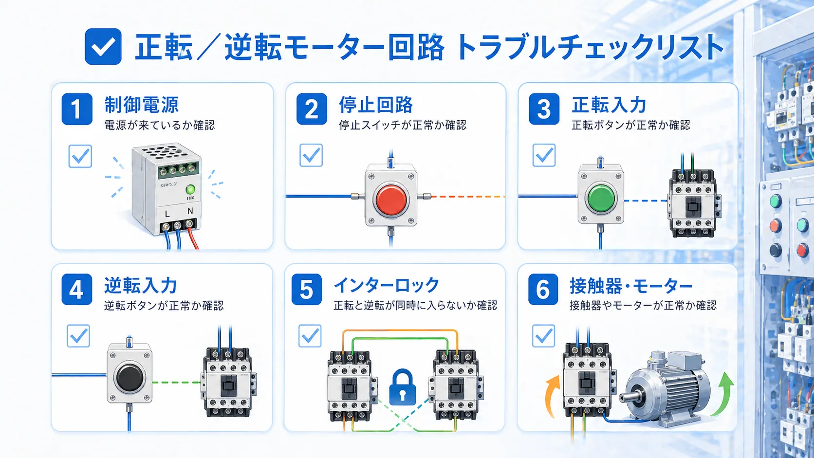 正転・逆転回路の確認ポイントを示すチェック図
