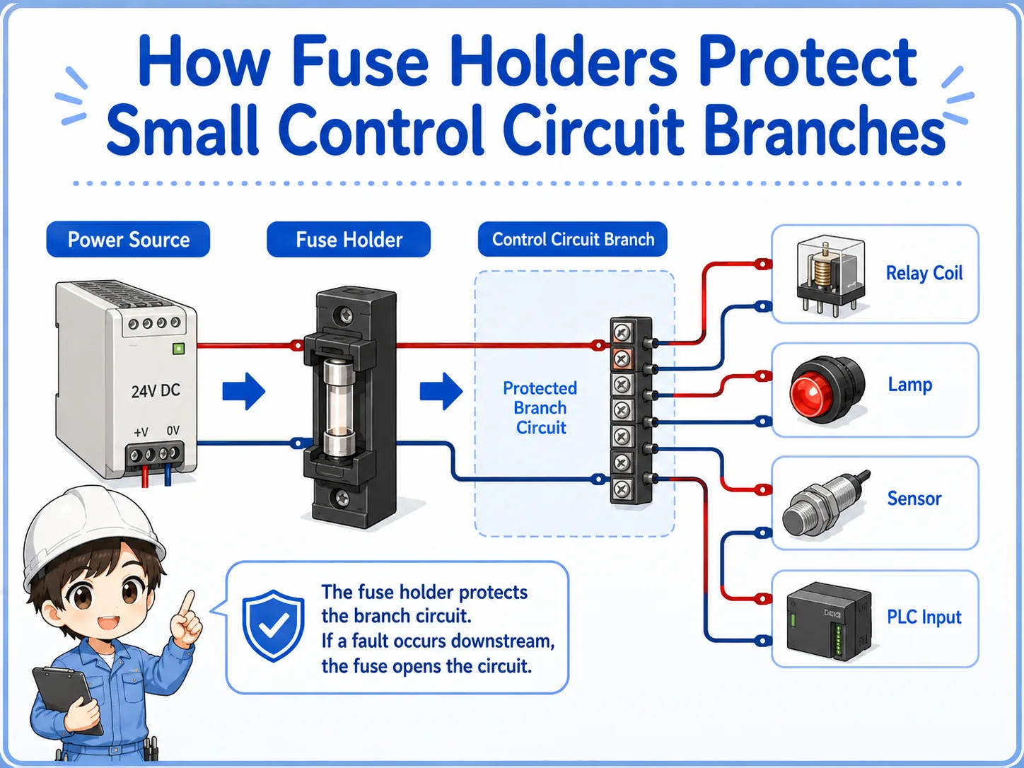 Diagram showing power source through fuse holder to small control circuit branches such as relay, lamp, sensor, and PLC input