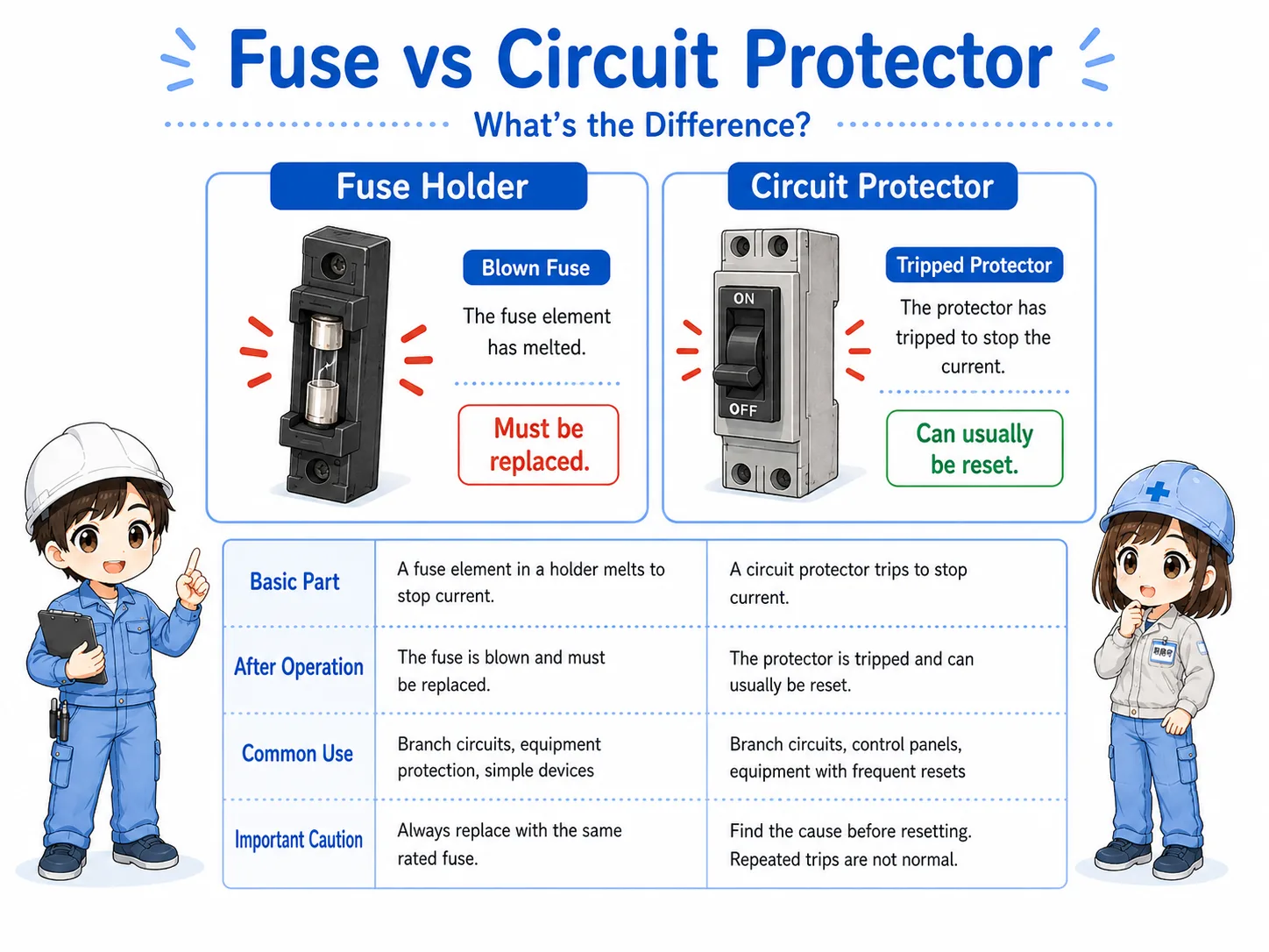Comparison diagram of fuse holder and circuit protector showing replaceable blown fuse and resettable circuit protector