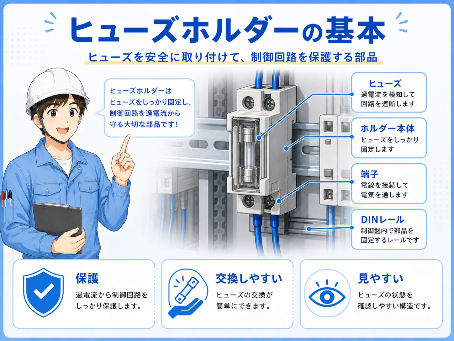 DC24V電源からヒューズホルダーを通ってPLCやセンサー回路へ分岐する基本構成図