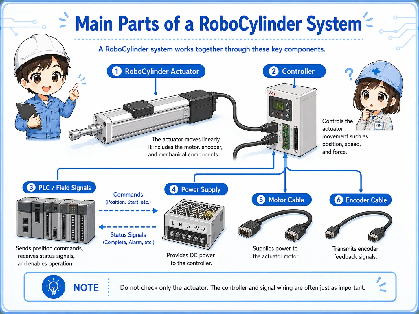 Main parts of an IAI RoboCylinder system including actuator, controller, PLC signals, motor cable, encoder cable, and power supply