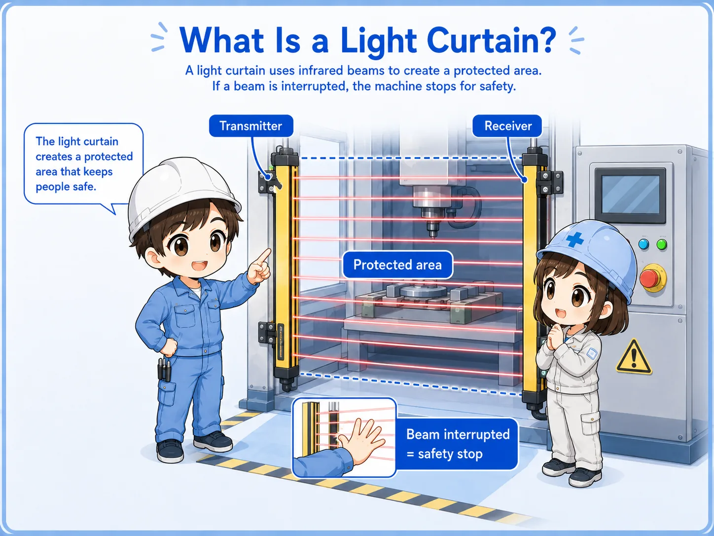 Overview of a light curtain detecting entry into a protected machine area