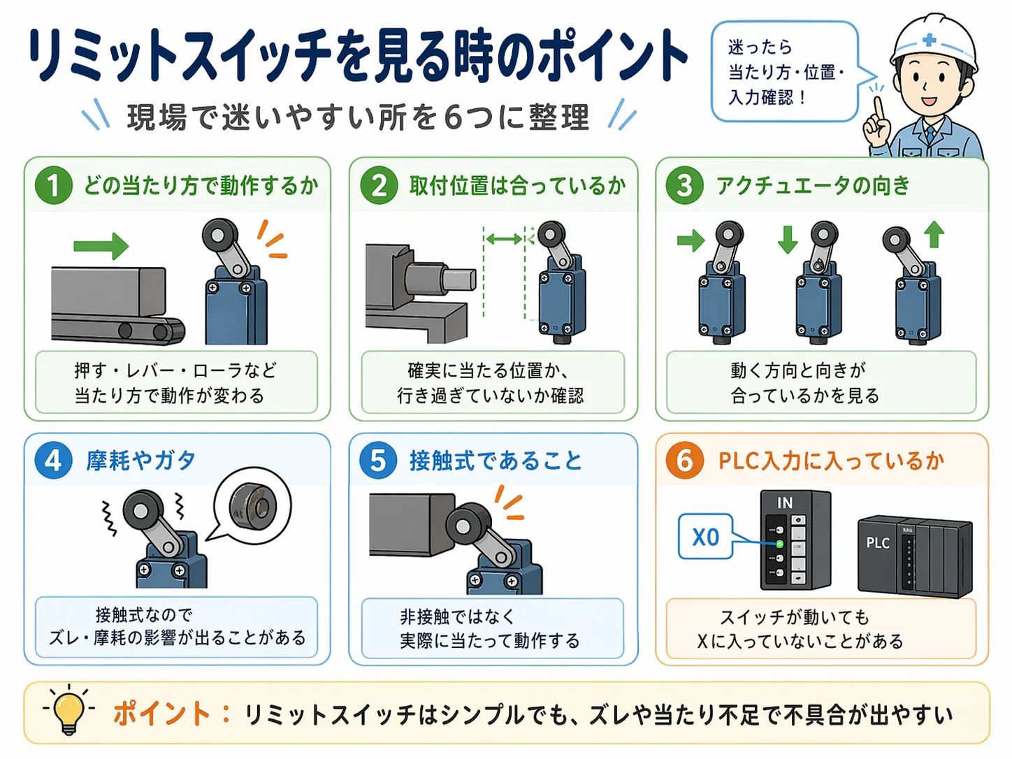 リミットスイッチを現場で確認する時の当たり位置、押し込み量、戻り、PLC入力のポイントをまとめた図