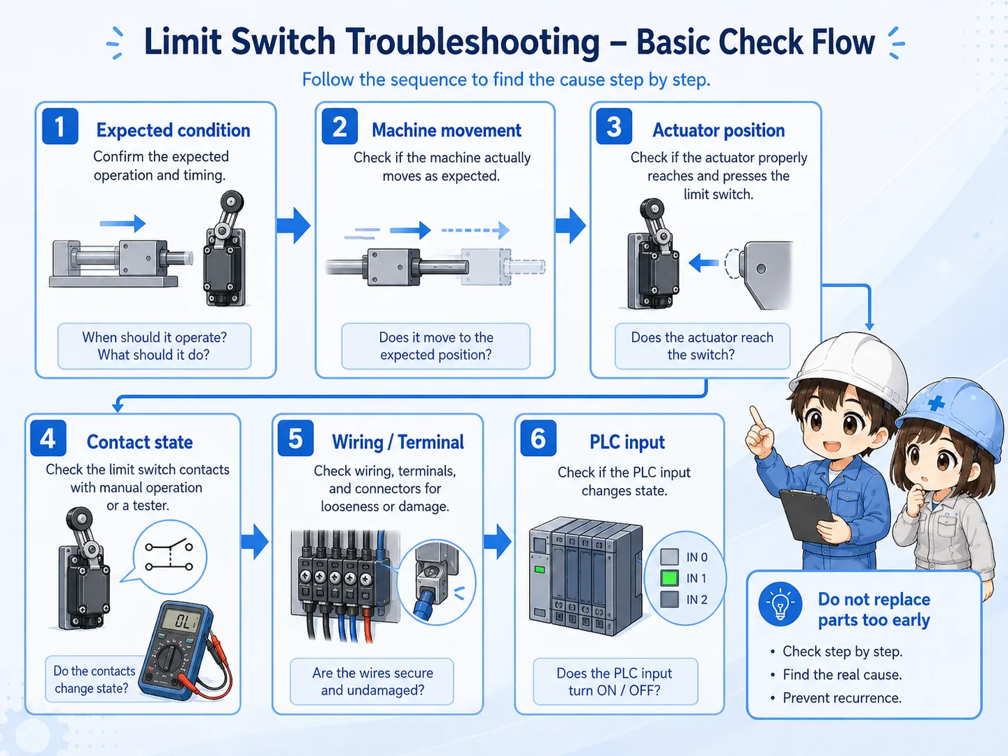 Step-by-step troubleshooting flow for a limit switch that does not respond