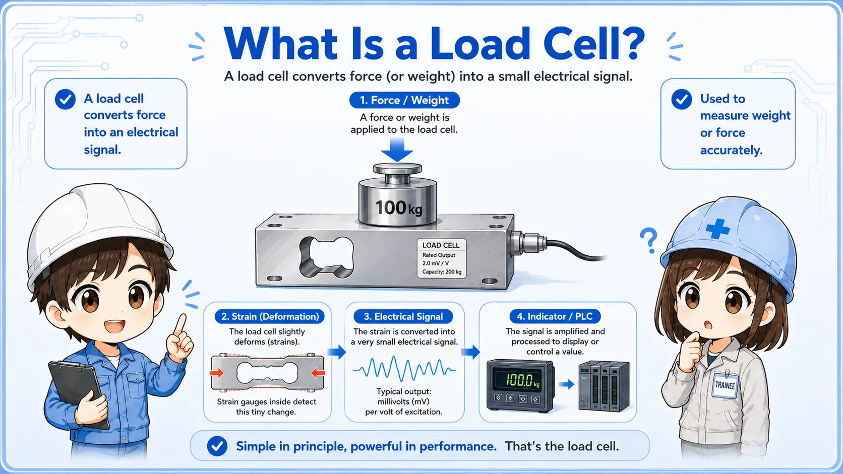 Basic overview of a load cell converting force or weight into an electrical signal